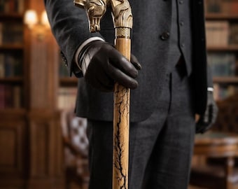 Brass Horse Head Handle Walking Stick Wooden Carved Cane Vintage Style Cane For Men