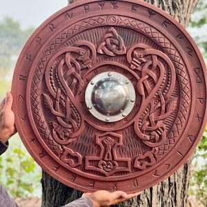 Medieval Viking Shield | Norse Runes Wooden Carved Shield For Larp - Cosplay - Viking Gift | Nordic Wall Decor Viking Shield Gift for Him
