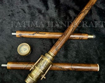 Brass Telescope Walking Stick, Compass Handle Spyglass Cane Wooden Staff Gift Travel Antique Style