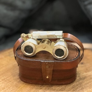 White Mother of Pearl Opera Glasses, Personalized Working Binocular With Leather Cover, Gift for him Brass Monocular Spyglass Boating Gifts