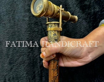 Bastone da passeggio con telescopio in ottone, manico con bussola, cannocchiale, asta in legno, regalo da viaggio, stile antico