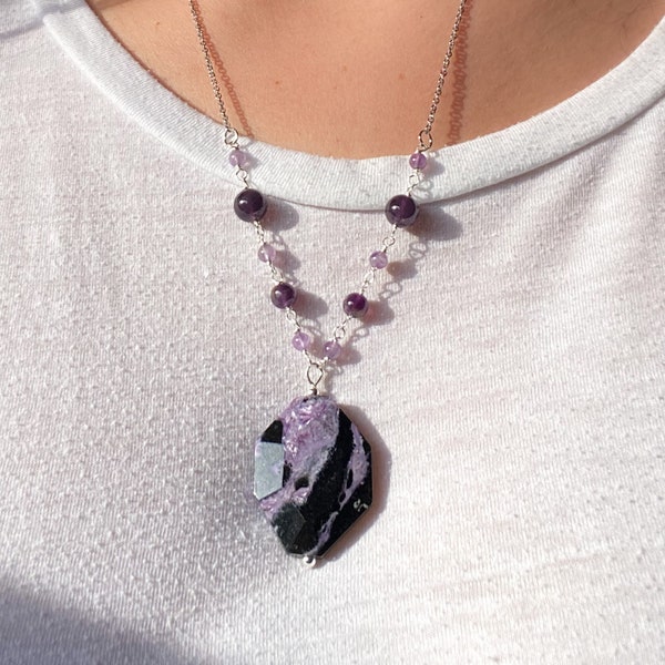 Amethyst & Charoite Pendant | Purple Pendant Necklace | Wire wrapped jewelry | Gemstone Jewelry | handmade necklace | Statement necklace