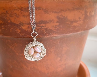 Bird's Nest Pendant Necklace: Pearl Jewelry, silver necklace