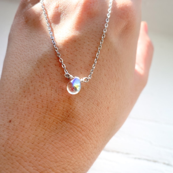 Iridescent Tear Drop Single Stone Pendant | Minimalist Necklace | Pendant Necklace | Silver Necklace | Dainty | Handmade Jewelry | Gifts