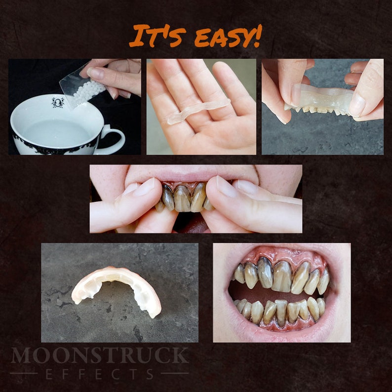 May include: Instructions on how to use a set of fake teeth. The image shows a person using a clear liquid to activate the teeth, then placing them in their mouth. The final image shows the teeth in place, creating a realistic zombie look. The text "It's Easy!" is at the top of the image. The text "Moonstruck Effects" is at the bottom of the image.