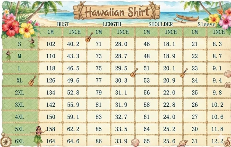 The image is a size chart for a Hawaiian shirt, showing measurements for different sizes such as XS, YS, mL, and YXL.