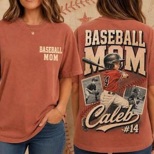Camiseta cómoda personalizada para mamás beisboleras, camiseta personalizada con foto de jugador deportivo, camiseta de equipo de béisbol con tu nombre y número, camiseta para mamás de día de partido.