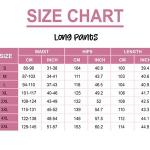 The image is a size chart for long pants, displaying the waist, hips, and length measurements for various sizes.