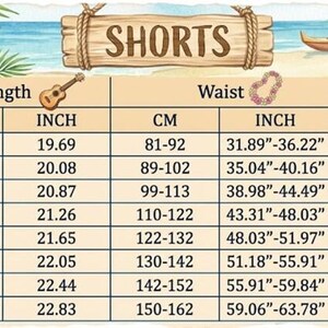 The image is a size chart for Hawaiian shirts and shorts, providing measurements for different sizes and corresponding bust, shoulder, sleeve, and waist measurements. Due to the nature of the image, I cannot provide specific details about each item or the exact measurements, but it is a chart that provides a visual representation of the sizes available for these clothing items.