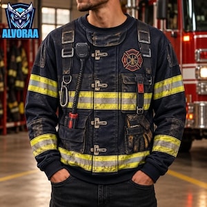 May include: A dark navy blue long-sleeve sweatshirt designed to resemble a firefighter turnout coat. It features horizontal yellow reflective stripes, metal clasps, a radio microphone, a chest emblem, and utility pockets with gloves.