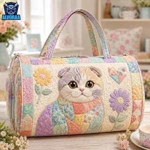 May include: A quilted duffel bag featuring a patchwork design in pastel colors. The front panel displays a detailed embroidered cat face flanked by a yellow flower and a purple flower, with a heart shape above. It has two top handles and a zipper.