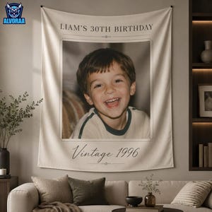 Custom Photo Birthday Tapestry, 30th Birthday Banner, Vintage Est Year Decor, Personalized Birthday Party Name Banner, Retro Wall Hanging