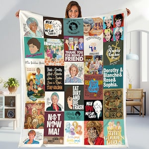 May include: A white fleece blanket featuring a collage of images and quotes from the television show "The Golden Girls." The design includes portraits of the characters, phrases like "Thank you for being a friend," and the show's logo.