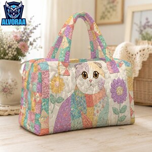 Cute Pastel Cat Quilted Weekend Bag, Printed Patchwork Cat Travel Duffel Bag, Pet Face Vintage Quilt Overnight Bag, Weekender Bag for Her