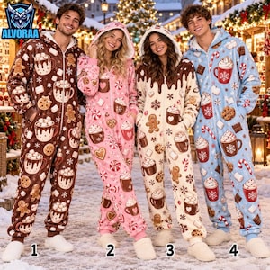 May include: Four hooded one-piece jumpsuits featuring a holiday-themed print of hot cocoa mugs, gingerbread cookies, snowflakes, and candy canes. The jumpsuits are available in brown, pink, cream, and light blue, each with a front zipper.