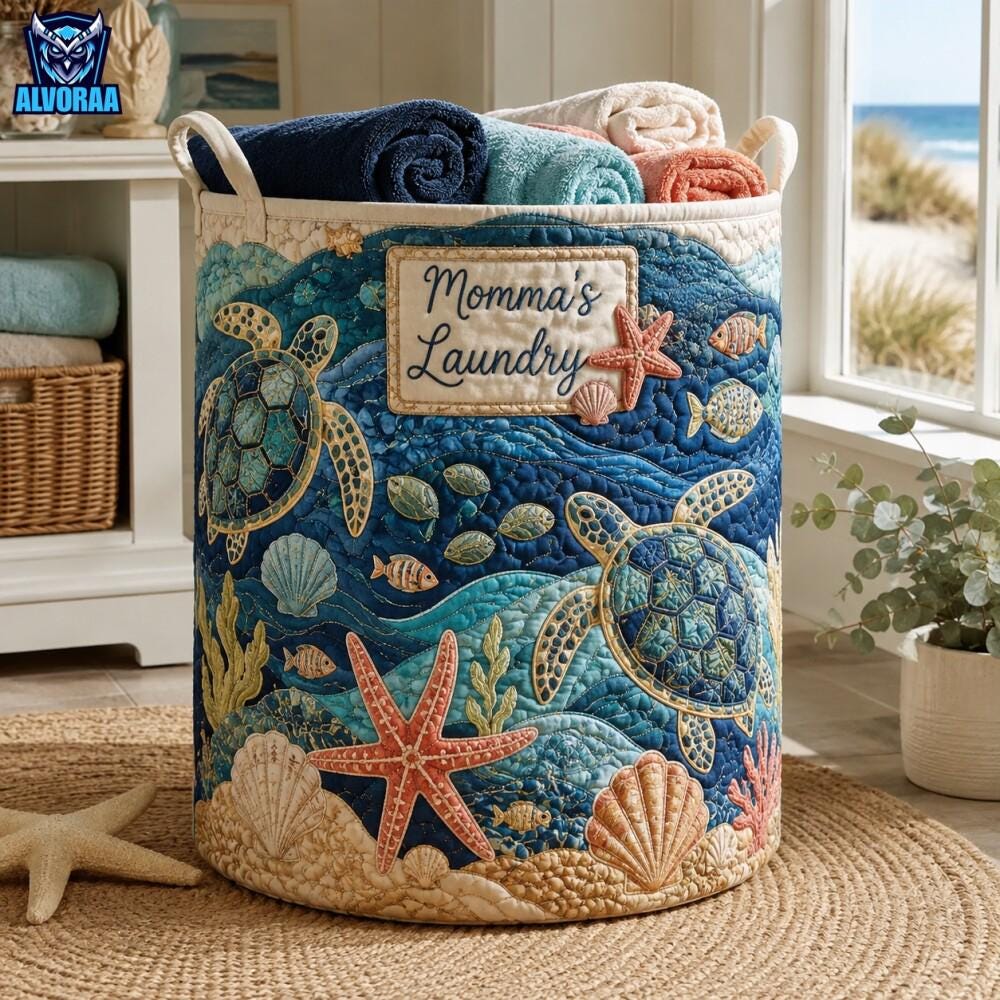 Custom Name Coastal Quilted Laundry Basket, Sea Turtle Beach Storage Hamper, Ocean Life Nursery Bag Home Decor, Gift For Nana Grandma