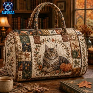 May include: A quilted barrel-shaped bag featuring a patchwork design with autumn-themed patterns, including leaves and floral motifs. The center panel displays a brown tabby cat lying next to a pumpkin, surrounded by a decorative wreath of foliage.