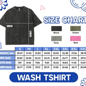 Puede incluir: Tabla de tallas para una camiseta negra, verde, gris y roja. La tabla muestra las medidas en pulgadas para el hombro, el pecho, la manga y la longitud para las tallas S, M, L, XL, 2XL, 3XL, 4XL y 5XL.