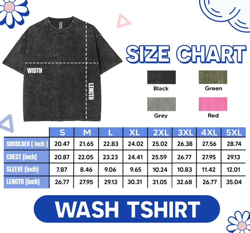 Puede incluir: Tabla de tallas para una camiseta negra, verde, gris y roja. La tabla muestra las medidas en pulgadas para el hombro, el pecho, la manga y la longitud para las tallas S, M, L, XL, 2XL, 3XL, 4XL y 5XL.