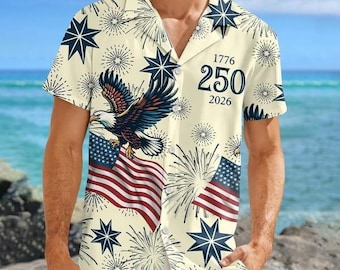 250 Years Of Freedom Hawaiian Shirt, America 250th Anniversary 1776–2026, Bald Eagle American Flag Button Up, Patriotic 4th Of July Shirt