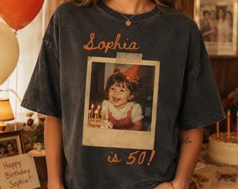 Look Who’s 50 Funny Shirt, Custom Photo & Age Birthday Tee, Personalized Vintage Photo 50th Birthday Shirt, Vintage Birthday Gift for Her