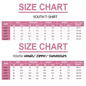 a size chart for a youth t-shirt, including details such as bust, shoulder, length, sleeve, and suit for height.
