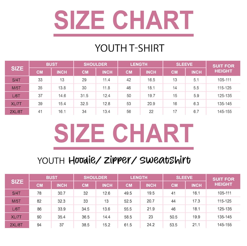 a size chart for a youth t-shirt, including details such as bust, shoulder, length, sleeve, and suit for height.