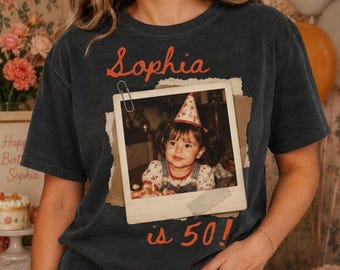 Personalized Vintage Photo 50th Birthday Shirt, Look Who’s 50 Funny Shirt, Custom Photo & Age Birthday Tee, Vintage Birthday Gift for Her