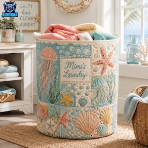 Personalized Ocean Vibe Quilted Laundry Basket, Jellyfish Coastal Patchwork Fabric Hamper, Nautical Marine Theme Home Decor Gift For Mom
