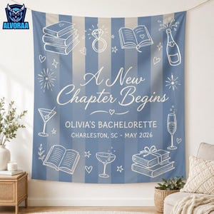 May include: A blue and white vertical striped fabric backdrop featuring white line art illustrations of books, a diamond ring, a champagne bottle, and cocktail glasses. The text reads A New Chapter Begins, Olivia's Bachelorette, Charleston, SC - May 2026.