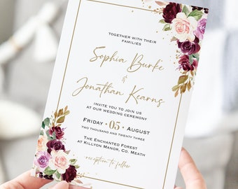 Blush and Burgundy Wedding Invitation Editable Template, Wedding Invite, Boho Wedding Invitation, Boho Invite, Blush and Burgundy Florals