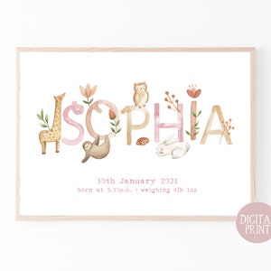 Personalisierte Baby Mädchen Name Geburt Stat Drucken, zu Hause drucken, Tier Kinderzimmer Dekor, Baby Geschenk, Baby-Dusche-Geschenk, personalisierte Baby-Druck