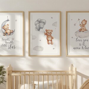 Teddy Bear Nursery Prints Set, Grey Baby Decor (Digital Download) image 2