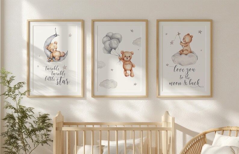 Teddy Bear Nursery Prints Set, Grey Baby Decor (Digital Download) image 2