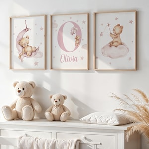 3er Set rosa Teddybär Kinderzimmer Drucke, personalisierte Named Teddybär Kinderzimmer Dekor neues Baby Druck, rosa Teddy, Kinderzimmer Babyzimmer