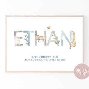 Nombre de bebé personalizado y fecha de nacimiento imprimible, archivo digital, decoración de habitación infantil con animales, regalo para bebé, regalo para baby shower, impresión personalizada para bebé