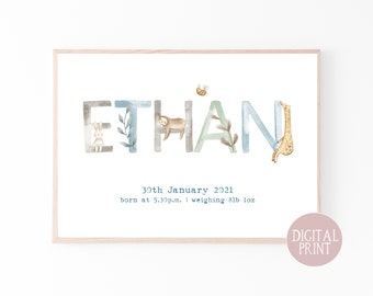 Personalized Baby Name Print, Animal Nursery Decor (Digital File)