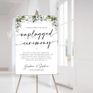 Unplugged Zeremonie Schild, bearbeitbare Vorlage, Braut und Bräutigam, keine Kameras, Kameras und Telefon ausschalten, druckbares Unplugged Hochzeitsschild