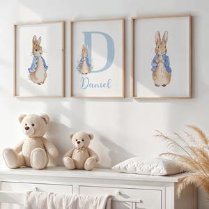 Pode incluir: Três impressões em aquarela emolduradas com Peter Rabbit em um casaco azul. A impressão do meio tem uma grande letra azul "D" com um coelho e o nome "Daniel". Dois ursos de pelúcia bege estão em uma cômoda branca, com um travesseiro branco e grama seca decorativa.