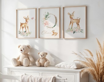 Baby Deer Nursery Art Prints, DIGITAL FILE, Set of 3 Printables,  Woodland Animal Nursery, Personalised Girl Nursery Decor