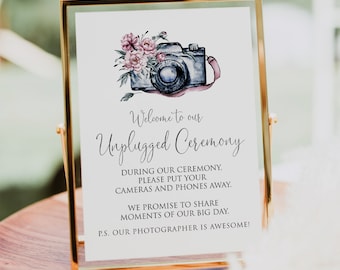 Unplugged Ceremony Sign, Instant Download, No Cameras, Wedding Sign, Turn off Cameras and Phones, Printable Unplugged Wedding Sign