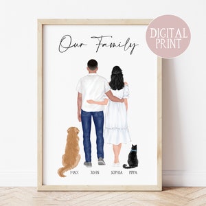 Personalisd Couple with Pets Print, PRINT AT HOME, Digital File, Personalised Family Portrait, Family Wall Art, Family Gift, Family Gift