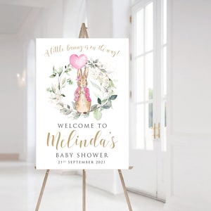 Flopsy Rabbit Baby Shower Welcome Sign, Editable Download, Personalised Baby Shower Sign, Peter Rabbit Decorations, Greenery Baby Sign
