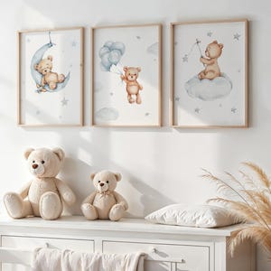 Blue Teddy Bear Nursery Prints, Instant Download, Set of 3 Blue Bear Nursery Prints, Teddy Bear Nursery Decor, New Baby Print, Blue Teddy