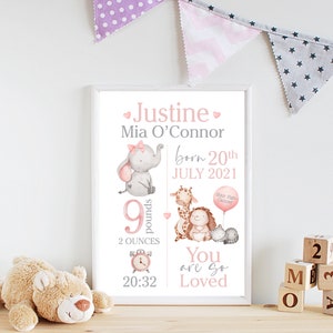 Personalisierte Geburtsanzeige, DIGITALE DATEI, Baby Geburt Stats, Schlafzimmer Dekor, Baby Tiere, Taufe, Baby Geschenk, Jungen Mädchen Wandkunst