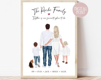 May include: A digital print of a family portrait featuring a family of five walking away from the viewer. The family includes a dad, mom, two sons, and a daughter. The family is walking with a small dog. The text "The Roche Family" is at the top of the print. The text "Together is our favourite place to be" is below the family name. The names of each family member are listed below the image: Pip, Evan, Jack, Molly, and Ellie.
