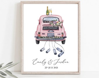 May include: A pink vintage car with a "just married" sign on the back, decorated with flowers and champagne bottles. The car has tin cans tied to the back bumper. The text "Emily & Joshua 25th JULY 2021" is printed below the car.