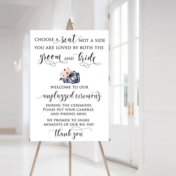 Choose a Seat Not a Side Unplugged Ceremony Sign, Wedding Welcome Sign, Pick a Seat Not a Side, Black on White Calligraphy, INSTANT DOWNLOAD