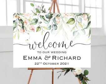 Wedding Welcome Sign, Welcome to our Wedding Sign, Wedding Decor, Printable Wedding Sign, Peach, Pink Floral & Greenery Sign