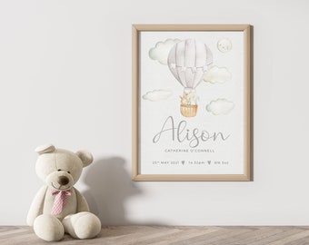 Personalized Hot Air Balloon Nursery Print, Baby Birth Stats (Digital File)
